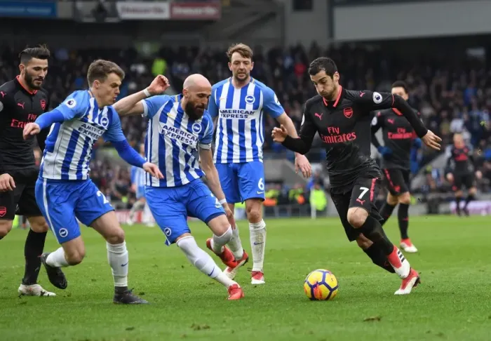 Framed Print : Mkhitaryan Charges Past Bruno and Solly March: Brighton vs. Arsenal, Premier League 2017-18