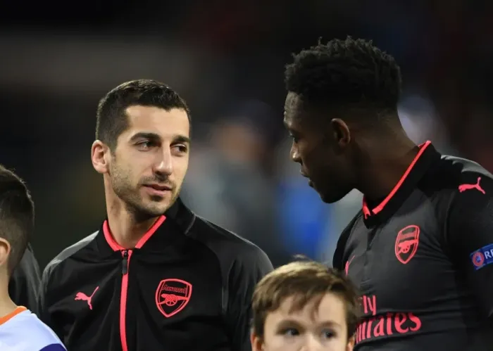 Framed Print : Mkhitaryan and Welbeck: Pre-Match Chat Between Arsenal Stars at Ostersunds FK