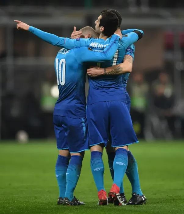 Framed Print : Mkhitaryan, Wilshere, Xhaka: Arsenal's Goal Celebration in AC Milan's San Siro