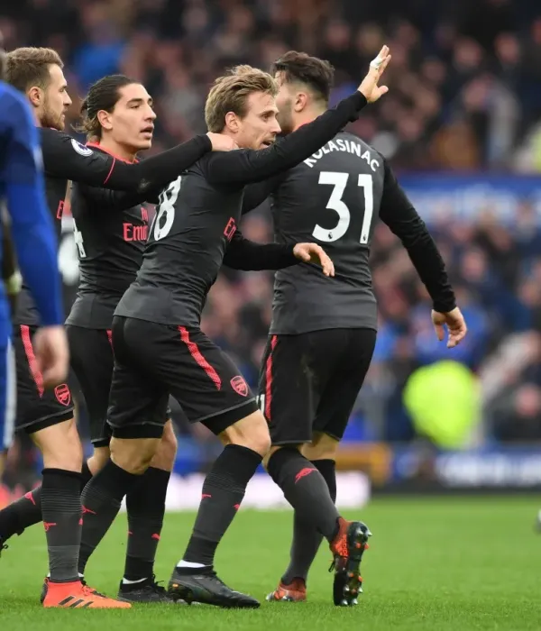 Framed Print : Monreal and Bellerin Celebrate First Goal: Everton vs. Arsenal, 2017-18 Premier League
