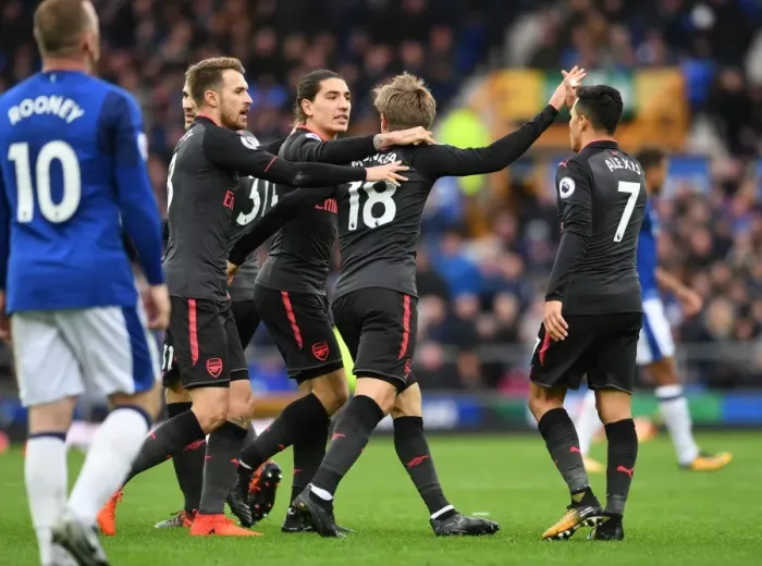 Framed Print : Monreal, Bellerin, and Ramsey Celebrate Arsenal's First Goal Against Everton (2017-18)