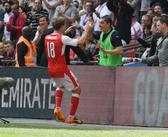 Framed Print : Monreal and Bellerin's Jubilant Moment: Arsenal's FA Cup Semi-Final Goal Celebration vs. Manchester City
