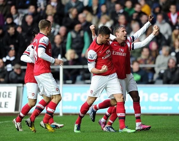 Monreal and Giroud Celebrate Arsenal's First Goal Against Swansea City, 2013