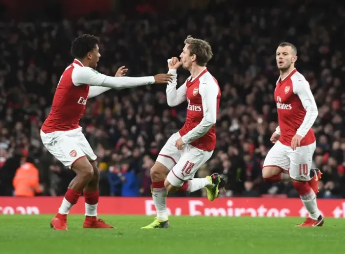 Framed Print : Monreal and Iwobi Celebrate Arsenal's First Goal in Carabao Cup Semi-Final vs Chelsea
