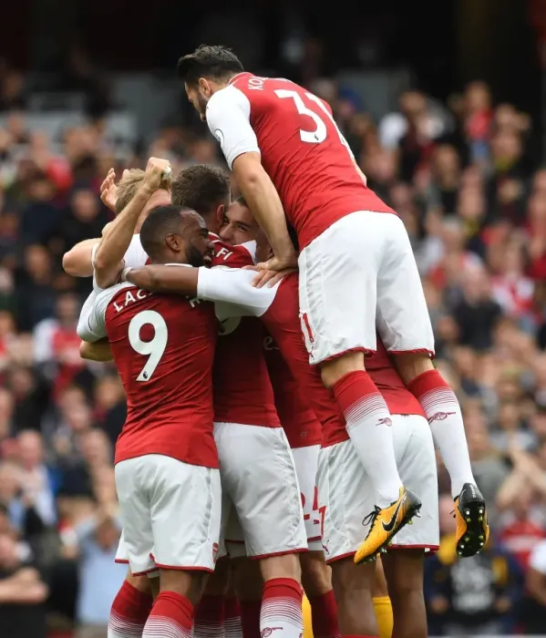 Framed Print : Monreal and Kolasinac Celebrate Goal: Arsenal vs Brighton & Hove Albion, 2017-18