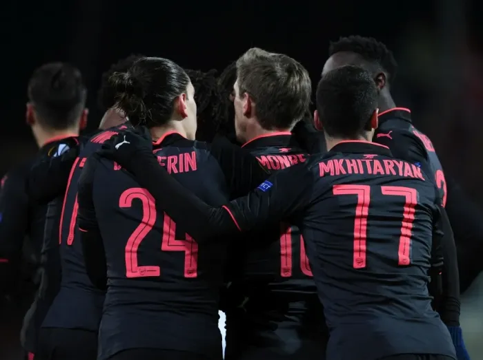 Framed Print : Monreal, Mkhitaryan, and Bellerin Celebrate Arsenal's First Goal Against Ostersunds FK Framed Print : Monreal, Mkhitaryan, and Bellerin Celebrate Arsenal's First Goal Against Ostersunds FK