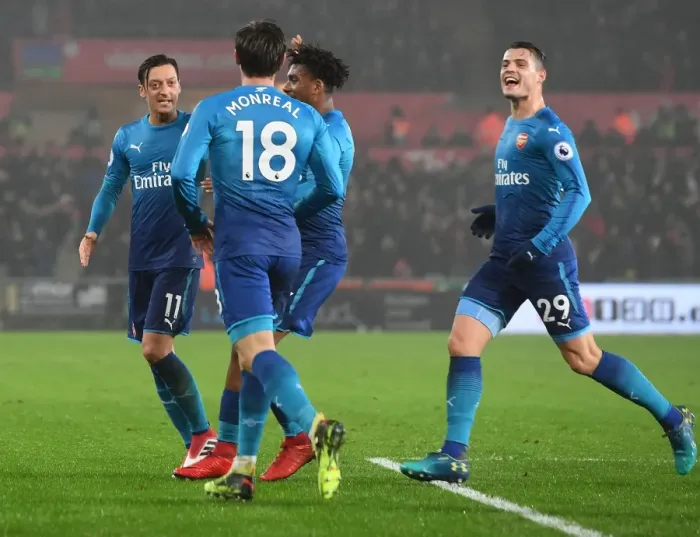 Framed Print : Monreal, Ozil, Iwobi, and Xhaka Celebrate Goal: Swansea City vs. Arsenal (2017-18) Framed Print : Monreal, Ozil, Iwobi, and Xhaka Celebrate Goal: Swansea City vs. Arsenal (2017-18)