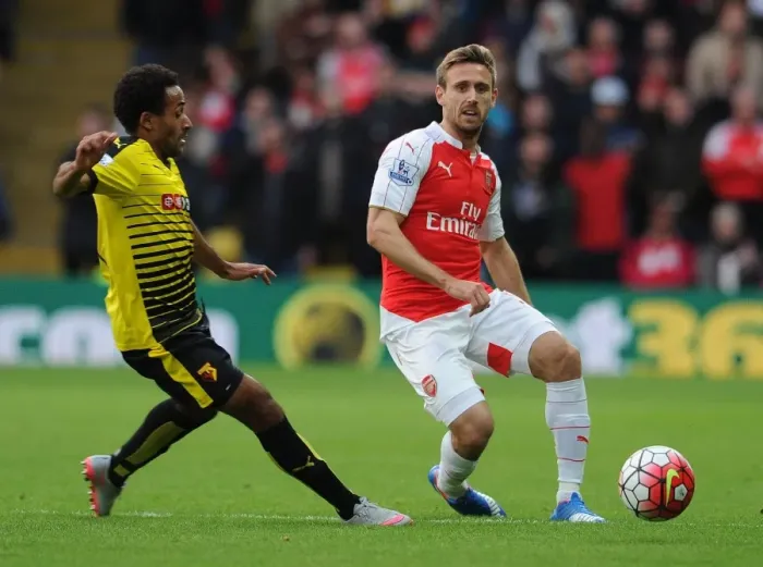 Framed Print : Monreal Under Pressure: A Battle Against Watford's Ikechi Abdi, Premier League 2015 / 16 Framed Print : Monreal Under Pressure: A Battle Against Watford's Ikechi Abdi, Premier League 2015 / 16
