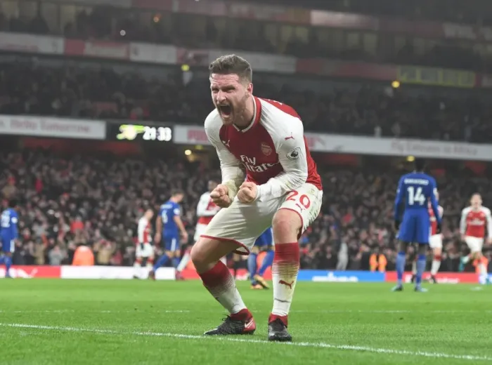 Framed Print : Mustafi and Bellerin Celebrate Arsenal's Second Goal Against Chelsea (2017-18)