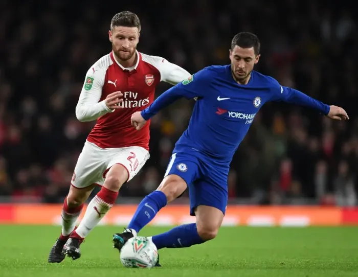 Framed Print : Mustafi Closes Down Hazard: Intense Battle Between Arsenal and Chelsea in Carabao Cup Framed Print : Mustafi Closes Down Hazard: Intense Battle Between Arsenal and Chelsea in Carabao Cup