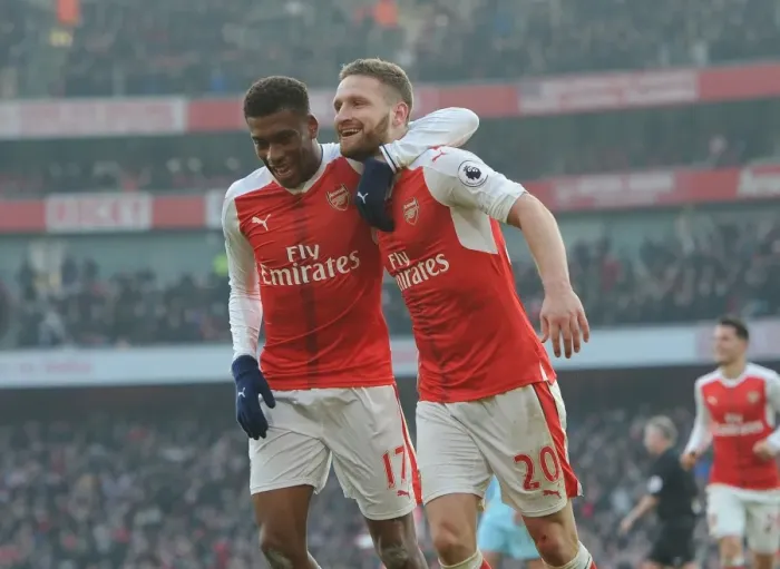 Framed Print : Mustafi and Iwobi Celebrate Arsenal's Goal Against Burnley (2016-17) Framed Print : Mustafi and Iwobi Celebrate Arsenal's Goal Against Burnley (2016-17)