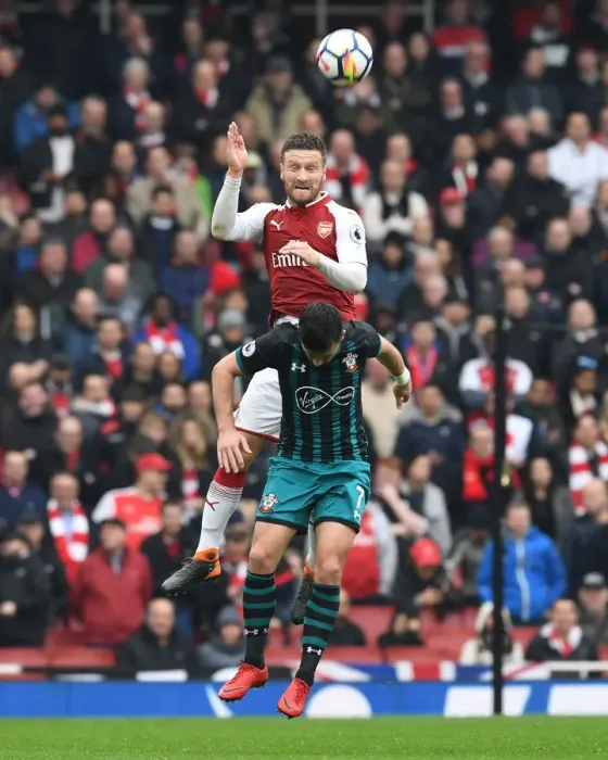 Framed Print : Mustafi Leaps Above Long: Arsenal vs Southampton, Premier League 2017-18 Framed Print : Mustafi Leaps Above Long: Arsenal vs Southampton, Premier League 2017-18