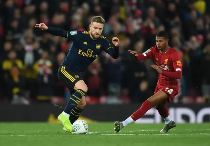 Framed Print : Mustafi vs. Brewster: A Battle at Anfield in the Carabao Cup Framed Print : Mustafi vs. Brewster: A Battle at Anfield in the Carabao Cup