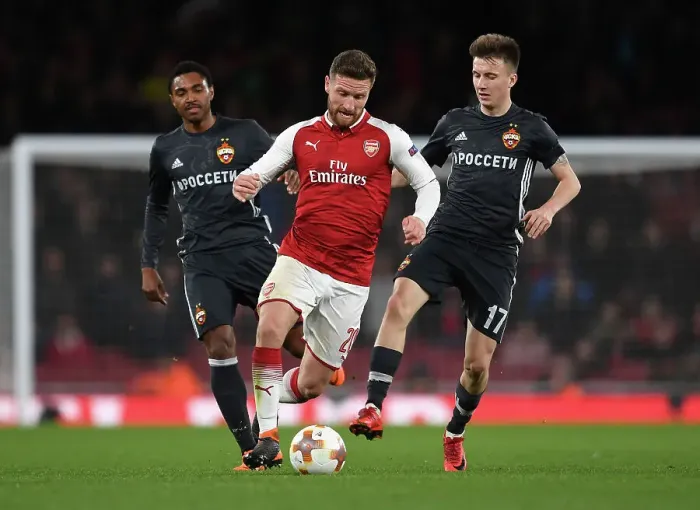 Framed Print : Mustafi vs. Golovin: Arsenal vs. CSKA Moscow - UEFA Europa League Quarterfinal Showdown