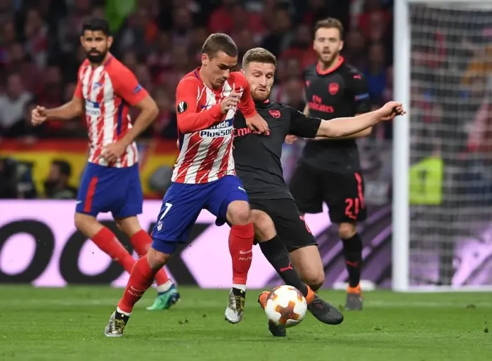 Framed Print : Mustafi vs. Griezmann: Battle in the Europa League Semi-Finals Framed Print : Mustafi vs. Griezmann: Battle in the Europa League Semi-Finals