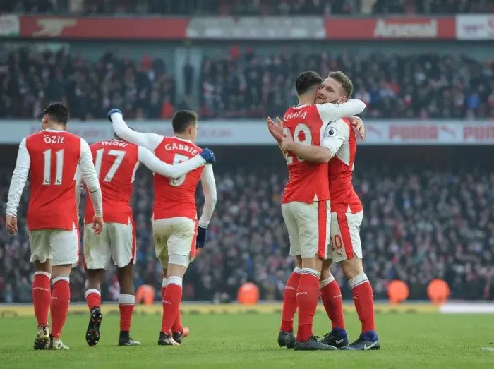 Framed Print : Mustafi and Xhaka Celebrate First Goal: Arsenal vs Burnley, Premier League 2016-17