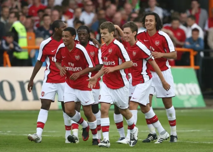 Framed Print : Nacer Barazite and Teammates Celebrate Arsenal's Second Goal Against Barnet, 2008