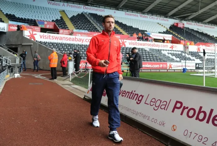 Framed Print : Nacho Monreal Arrives at Swansea City's Liberty Stadium Ahead of Arsenal's Premier League Match (2015-16)