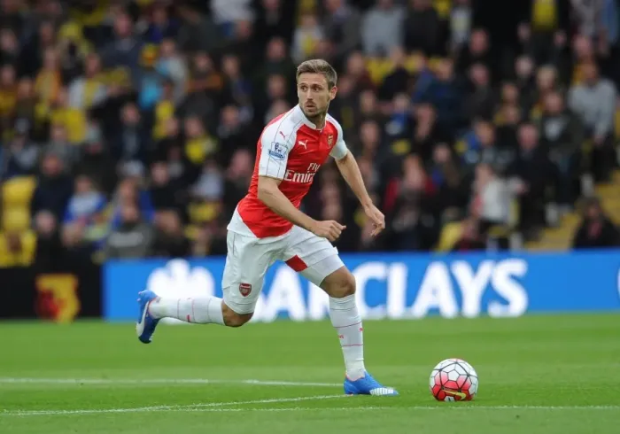 Framed Print : Nacho Monreal (Arsenal). Watford 0: 3 Arsenal. Barclays Premier League. Vicarage Road