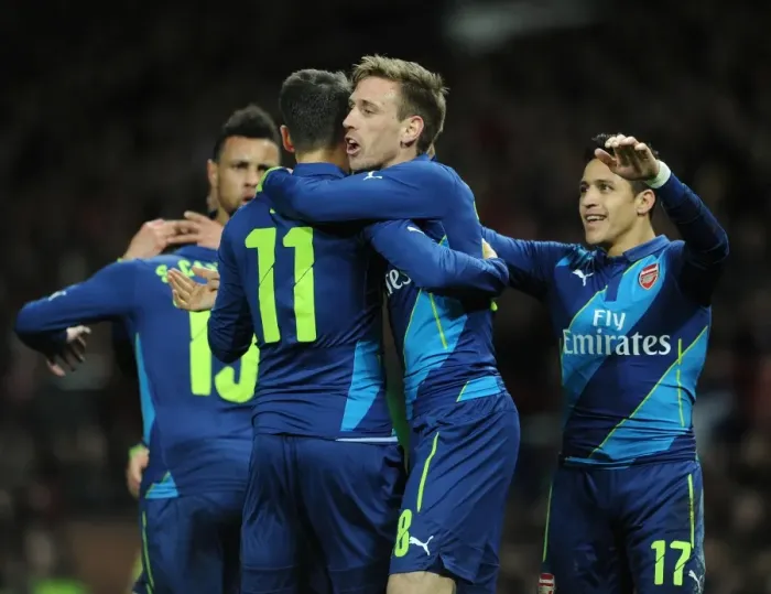 Framed Print : Nacho Monreal celebrates scoring Arsenals 1st goal with Mesut Ozil. Manchester United 1: 2 Arsenal Framed Print : Nacho Monreal celebrates scoring Arsenals 1st goal with Mesut Ozil. Manchester United 1: 2 Arsenal