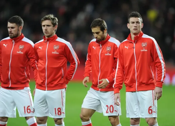 Framed Print : Nacho Monreal, Mathieu Flamini and Laurent Koscielny (Arsenal) before the match. Arsenal 1