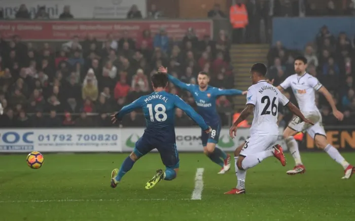 Framed Print : Nacho Monreal Scores for Arsenal against Swansea City, Premier League 2017-18 Framed Print : Nacho Monreal Scores for Arsenal against Swansea City, Premier League 2017-18