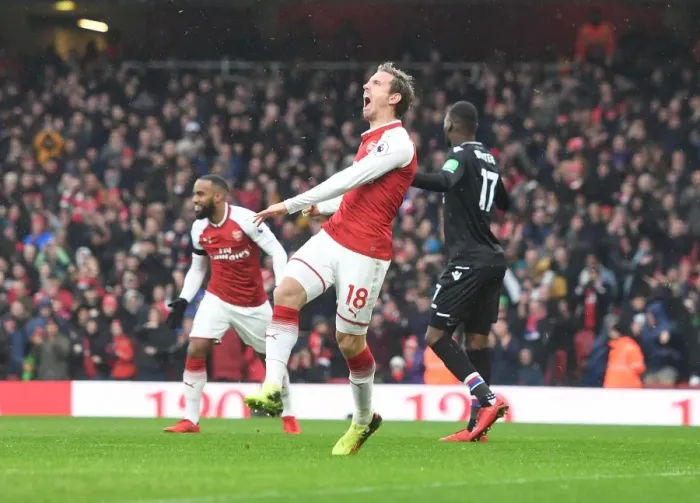 Framed Print : Nacho Monreal Scores the First Goal: Arsenal vs Crystal Palace, Premier League 2017-18