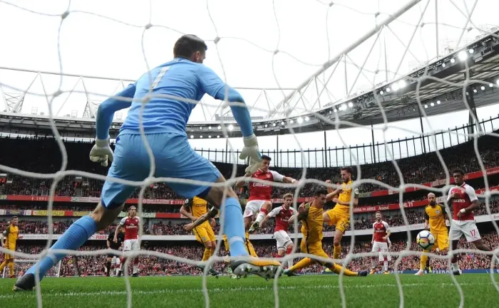Framed Print : Nacho Monreal Scores the Winner: Arsenal vs Brighton & Hove Albion, Premier League 2017-18