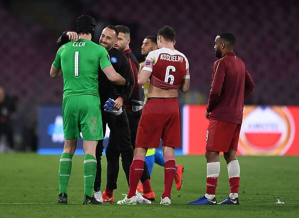 Napoli vs. Arsenal: Petr Cech and Laurent Koscielny Share a Moment After Europa League Quarterfinal