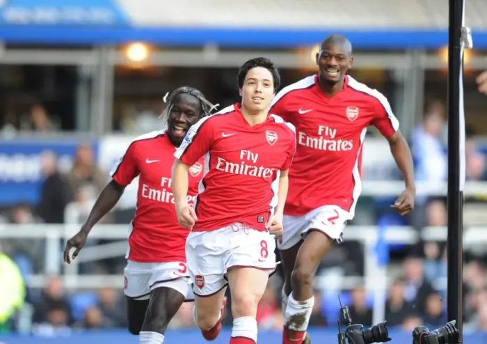 Framed Print : Nasri, Sagna, Diaby: Arsenal's Triumphant Goal Celebration vs. Birmingham City (27 / 3 / 2010)