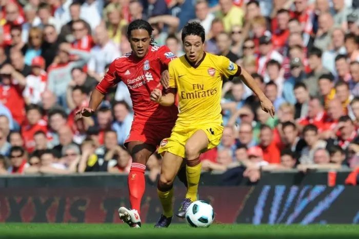Framed Print : Nasri vs. Johnson: Stalemate at Anfield - Arsenal vs. Liverpool, Premier League 2010-11