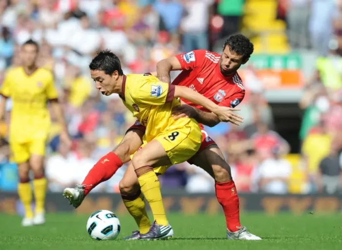 Framed Print : Nasri vs Mascherano: Stalemate at Anfield, Premier League 2010-11 Framed Print : Nasri vs Mascherano: Stalemate at Anfield, Premier League 2010-11