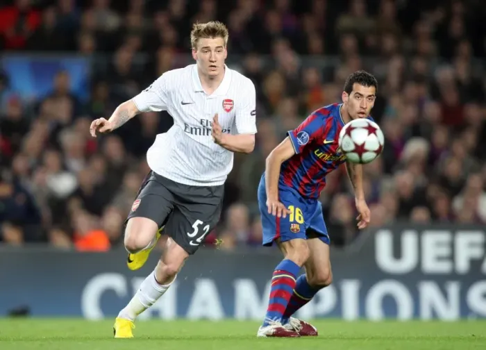 Framed Print : Nicklas Bendtner (Arsenal) Sergio Basquets (Barcelona). Barcelona 4: 1 Arsenal