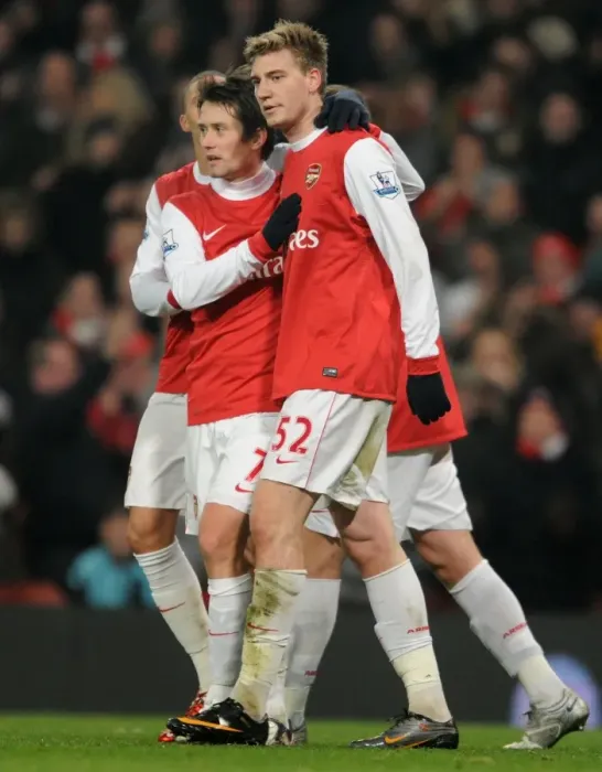 Framed Print : Nicklas Bendtner celebrates scoring his 2nd goal, Arsenals 3rd, with Tomas Rosicky