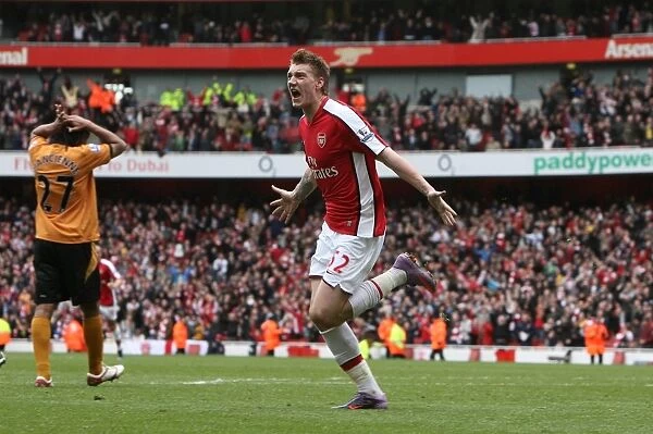 Nicklas Bendtner celebrates scoring Arsenals goal. Arsenal 1: 0 Wolverhampton Wanderers