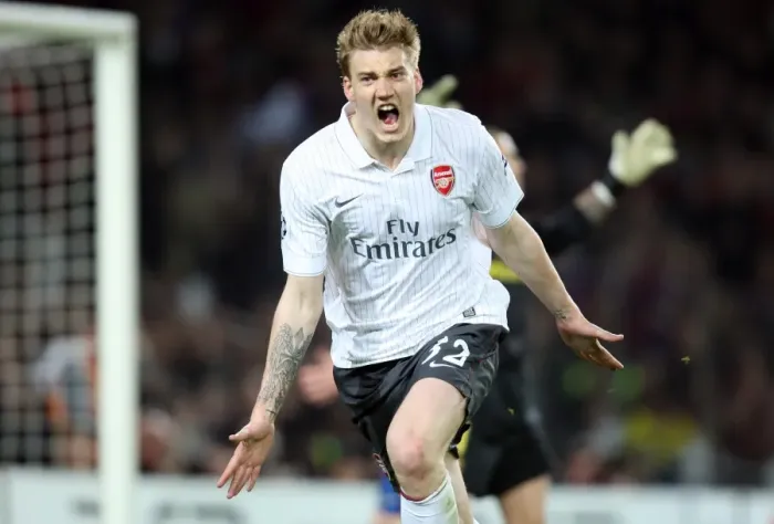 Framed Print : Nicklas Bendtner celebrates scoring Arsenals goal. Barcelona 4: 1 Arsenal Framed Print : Nicklas Bendtner celebrates scoring Arsenals goal. Barcelona 4: 1 Arsenal
