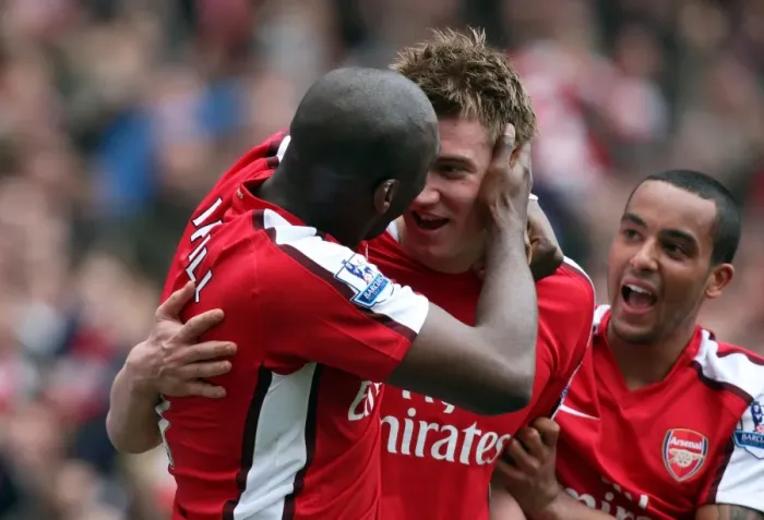Framed Print : Nicklas Bendtner celebrates scoring Arsenals goal with Sol Campbell Framed Print : Nicklas Bendtner celebrates scoring Arsenals goal with Sol Campbell