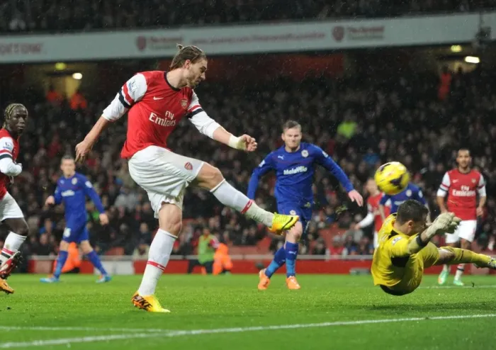 Framed Print : Nicklas Bendtner Scores First Goal: Arsenal vs. Cardiff City, Premier League 2013-14 Framed Print : Nicklas Bendtner Scores First Goal: Arsenal vs. Cardiff City, Premier League 2013-14