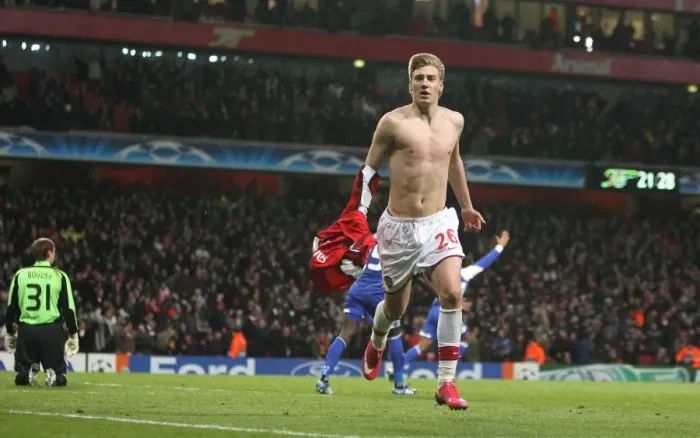 Framed Print : Nicklas Bendtner's Goal Celebration: Arsenal Leads 1-0 vs. Dynamo Kyiv, UEFA Champions League, 2008