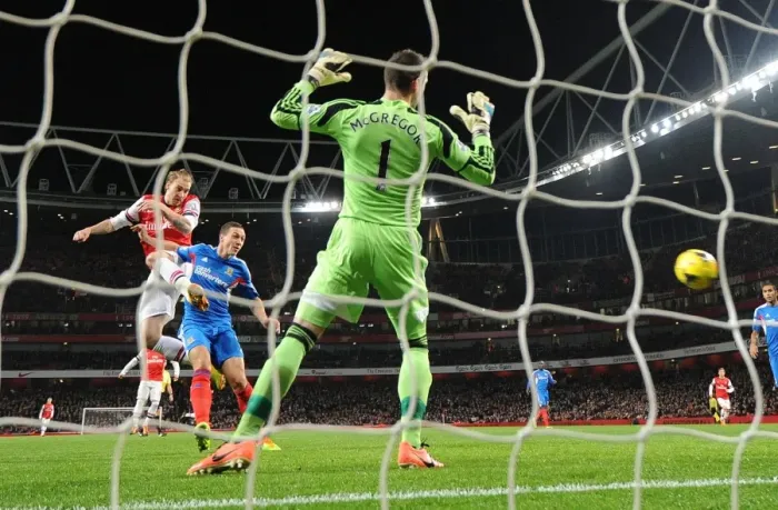 Framed Print : Nicolas Bendtner Scores Dramatic Goal Past Allan McGregor and James Chester in Arsenal's Victory over Hull City (2013-14) Framed Print : Nicolas Bendtner Scores Dramatic Goal Past Allan McGregor and James Chester in Arsenal's Victory over Hull City (2013-14)