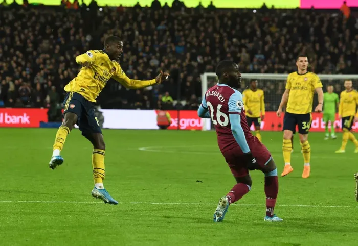 Framed Print : Nicolas Pepe Scores Arsenal's Second Goal in Premier League Clash Against West Ham United