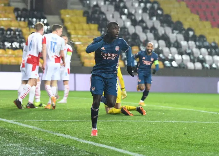 Framed Print : Nicolas Pepe Scores First Goal: Arsenal's Europa League Victory Over Slavia Praha in Prague (Behind Closed Doors) Framed Print : Nicolas Pepe Scores First Goal: Arsenal's Europa League Victory Over Slavia Praha in Prague (Behind Closed Doors)