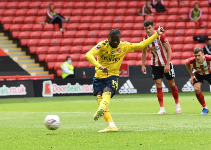 Framed Print : Nicolas Pepe Scores Penalty: Arsenal Advance to FA Cup Semis vs Sheffield United