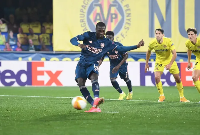 Framed Print : Nicolas Pepe Scores Penalty as Arsenal Take Early Lead in Europa League Semi-Final vs Villarreal