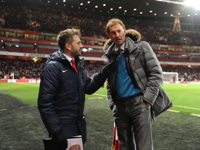 Framed Print : Nigel Mitchell of Arsenal TV interviews Tony Adams at half time. Arsenal 0: 0 Manchester United Framed Print : Nigel Mitchell of Arsenal TV interviews Tony Adams at half time. Arsenal 0: 0 Manchester United
