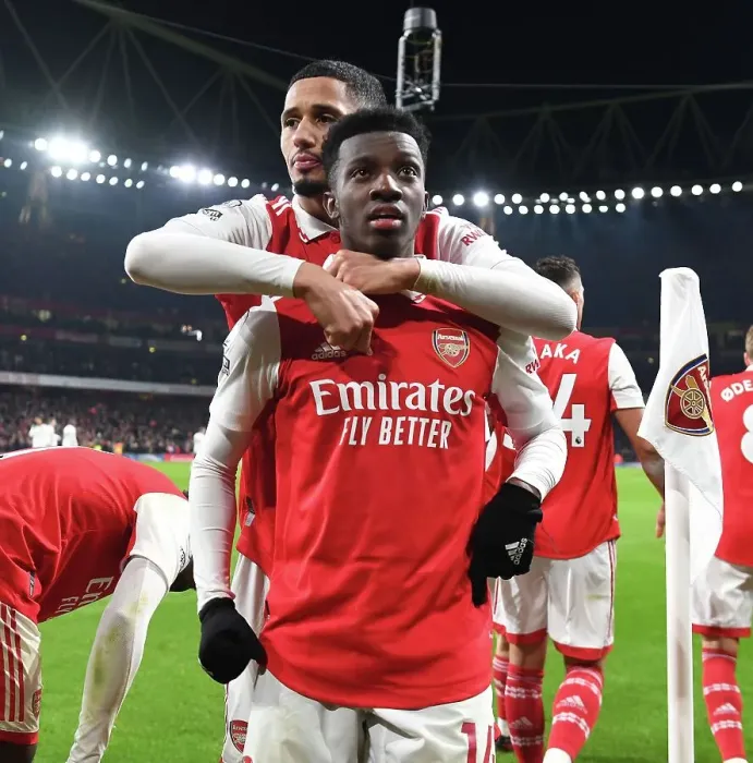 Framed Print : Nketiah and Saliba's Triumph: Arsenal's Victory Over Manchester United in the 2022-23 Premier League