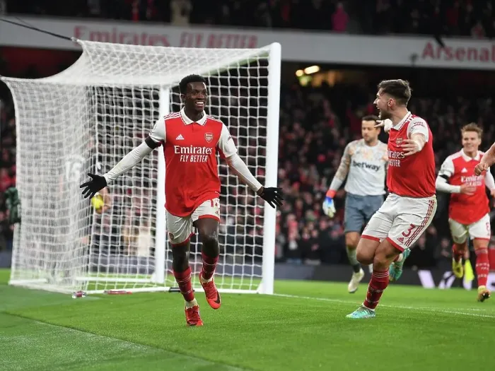 Framed Print : Nketiah Scores His Second Goal: Arsenal's Victory Over West Ham (2022-23)