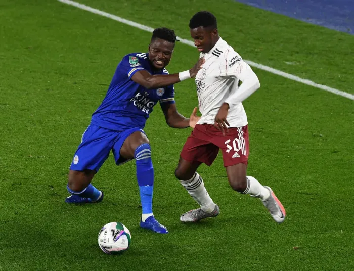Framed Print : Nketiah vs Amartey: A Carabao Cup Battle at The King Power Stadium Framed Print : Nketiah vs Amartey: A Carabao Cup Battle at The King Power Stadium