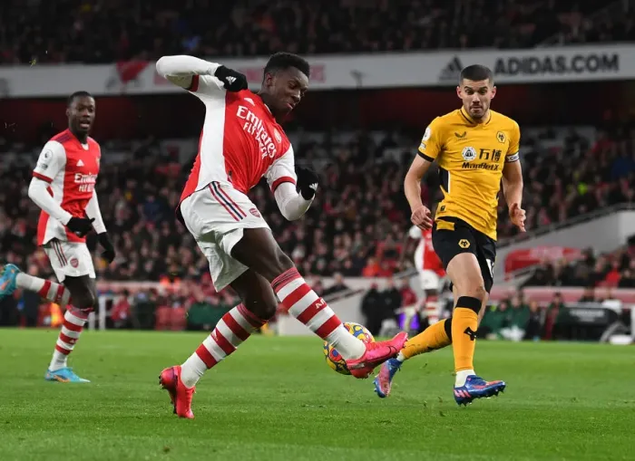 Framed Print : Nketiah vs. Coady: A Battle of Wits in the Arsenal vs. Wolverhampton Wanderers Premier League Clash