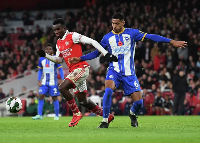 Framed Print : Nketiah vs Colwill: Intense Battle in Arsenal's Carabao Cup Clash Against Brighton